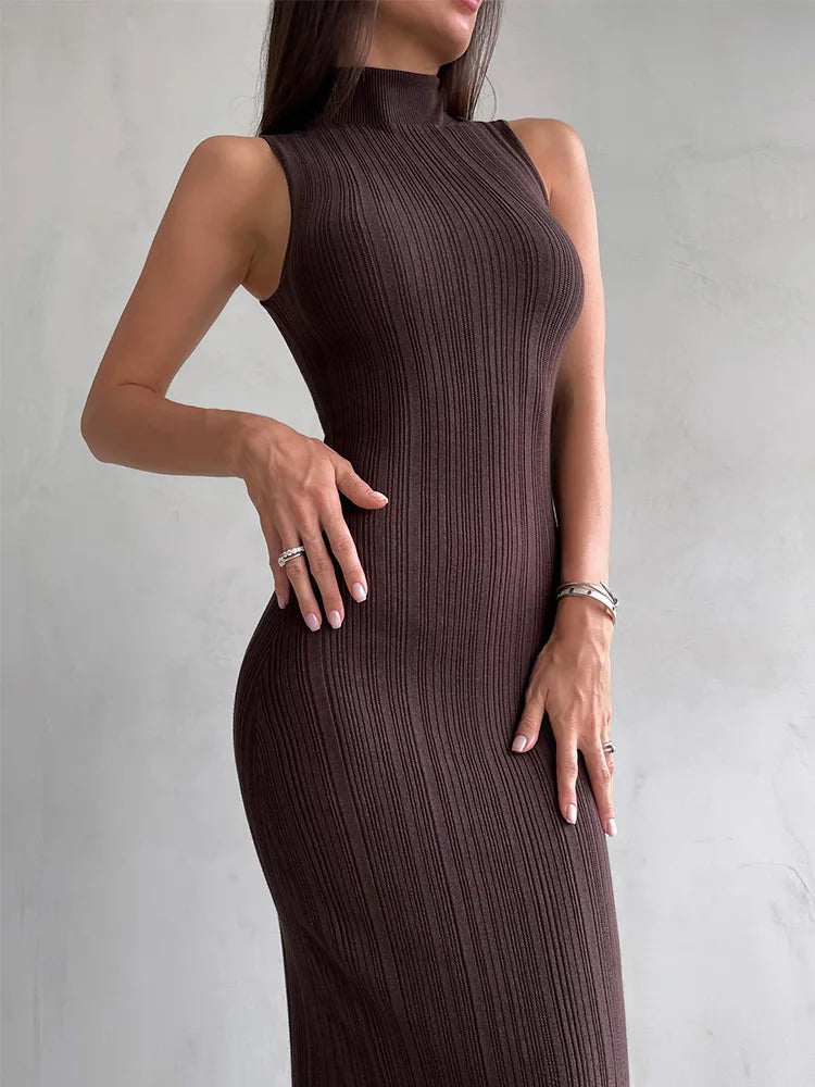 Women's Elegant Sleeveless Textured Knit Maxi Tank  Bodycon Dress