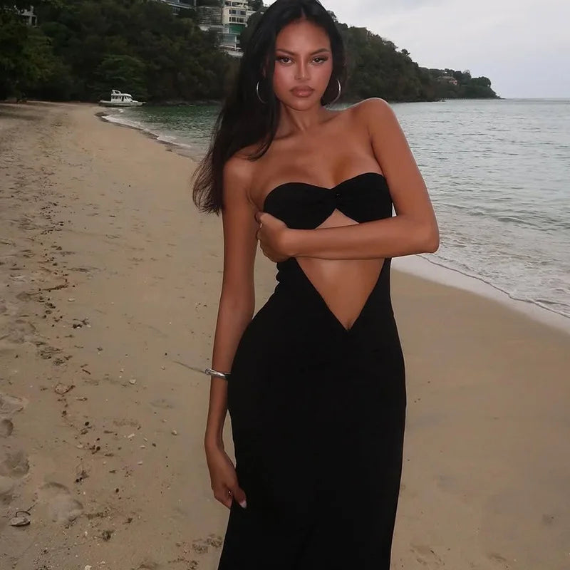 Women's Strapless Long Summer Outfits Cut Out Split Dress