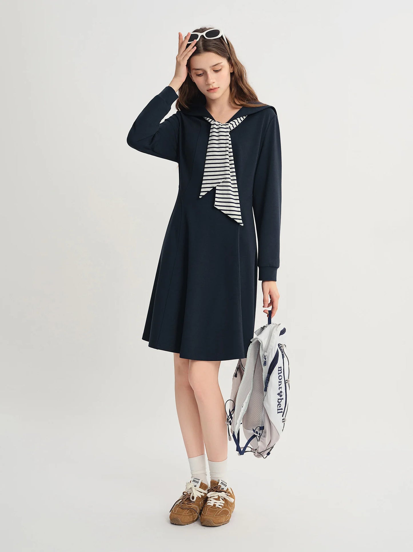 College Style Contrasting Color Wraparound V-Neck Long Dress