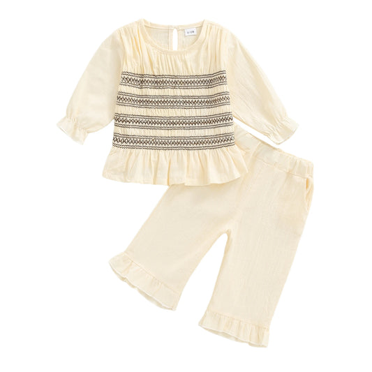 Toddler Baby Girl Fall Outfit - Smocked Long Sleeve Top & Elastic Waist Ruffle Pants Set