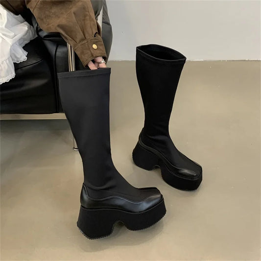 Black Platform Knee-High Boots | Leather & Fabric Splice | Thick Sole