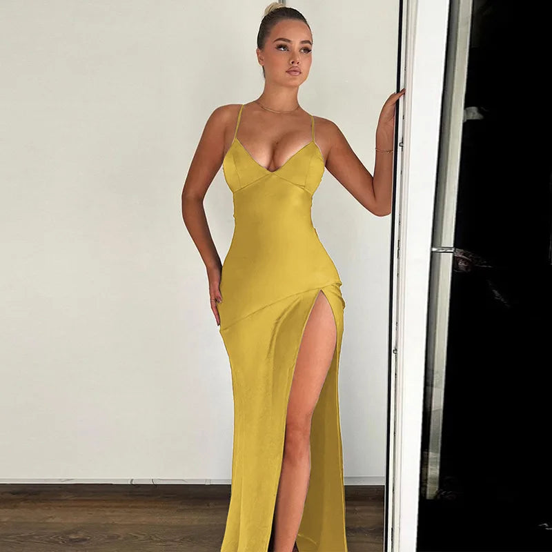 Women's Spaghetti Strap Slip Maxi Dress - Split Backless Bandage Elegant Gown Dress