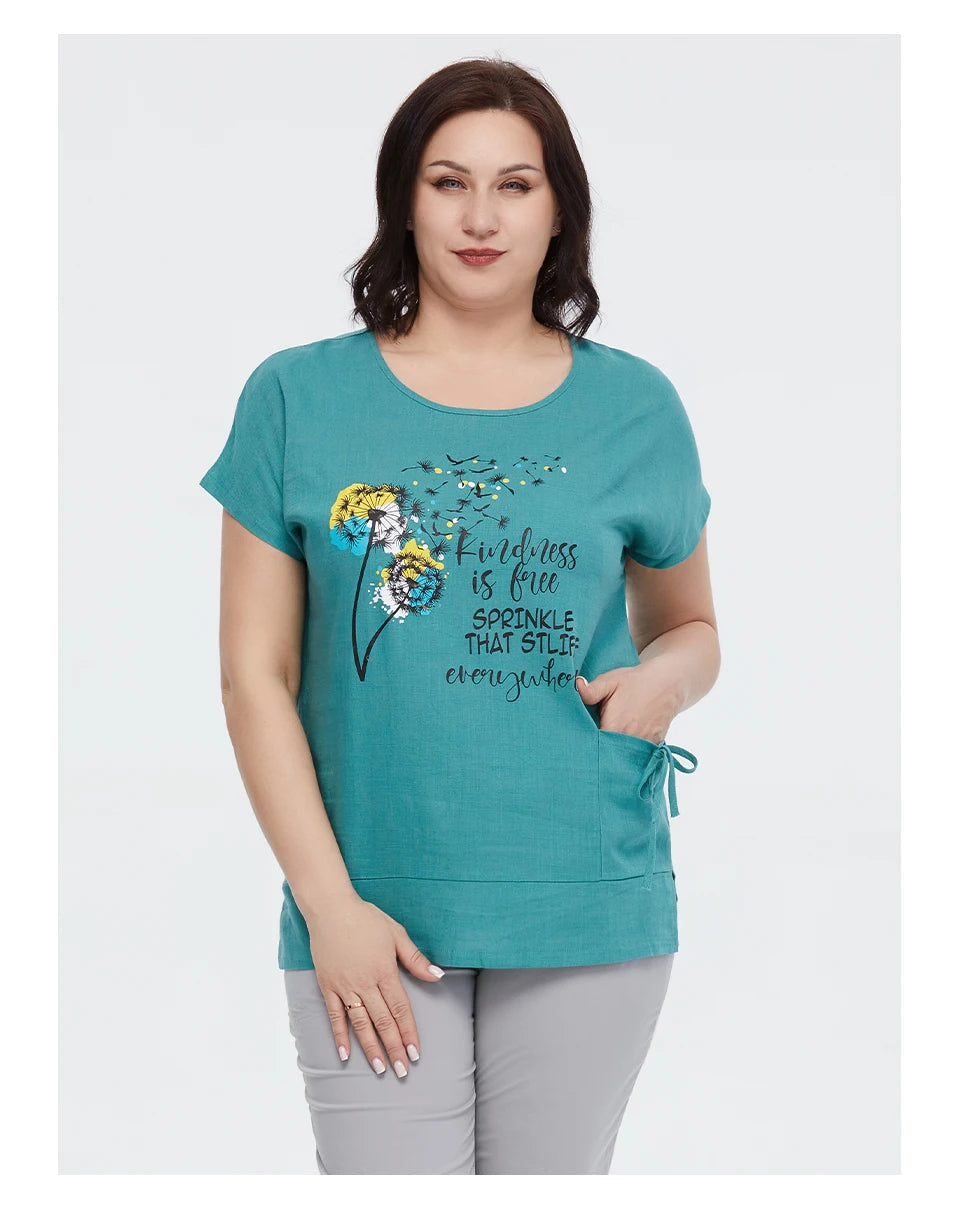 Women's Oversized Cotton Linen Floral Print T-Shirt – Short Sleeve