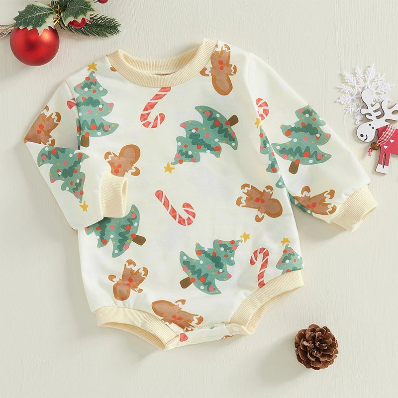 Christmas Candy Cane and Tree Print Romper - Baby Boys Girls Jumpsuit