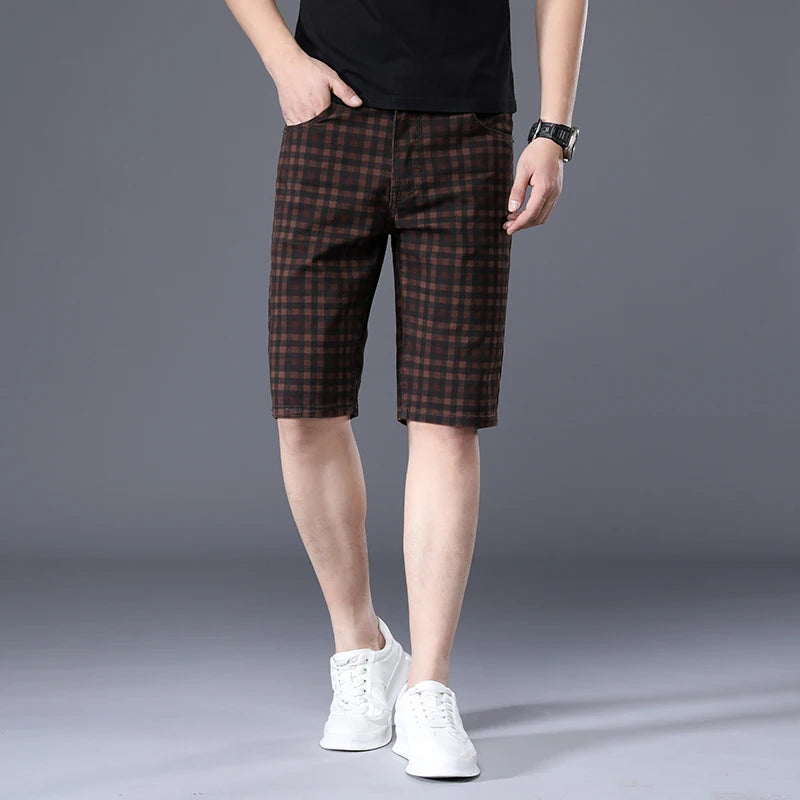 Men's Thin Plaid Shorts Men Knee Length Pants Straight Beach Short 98%Cotton Blue Plaid Patchwork Pant Male