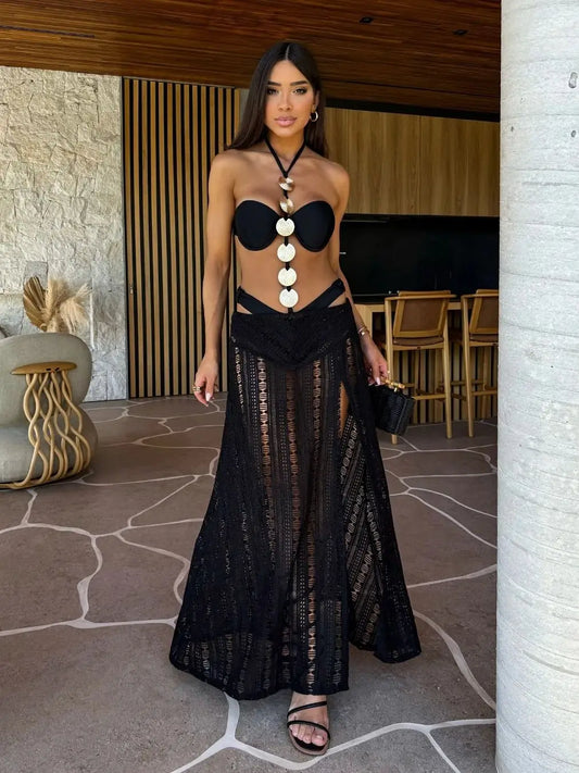 Women's 3-Piece High Leg Bandage Swimwear Set with Slit Skirt - Tie-Neck Halter