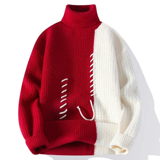Men's Knitted Turtleneck Sweater - Patchwork Casual Pullover
