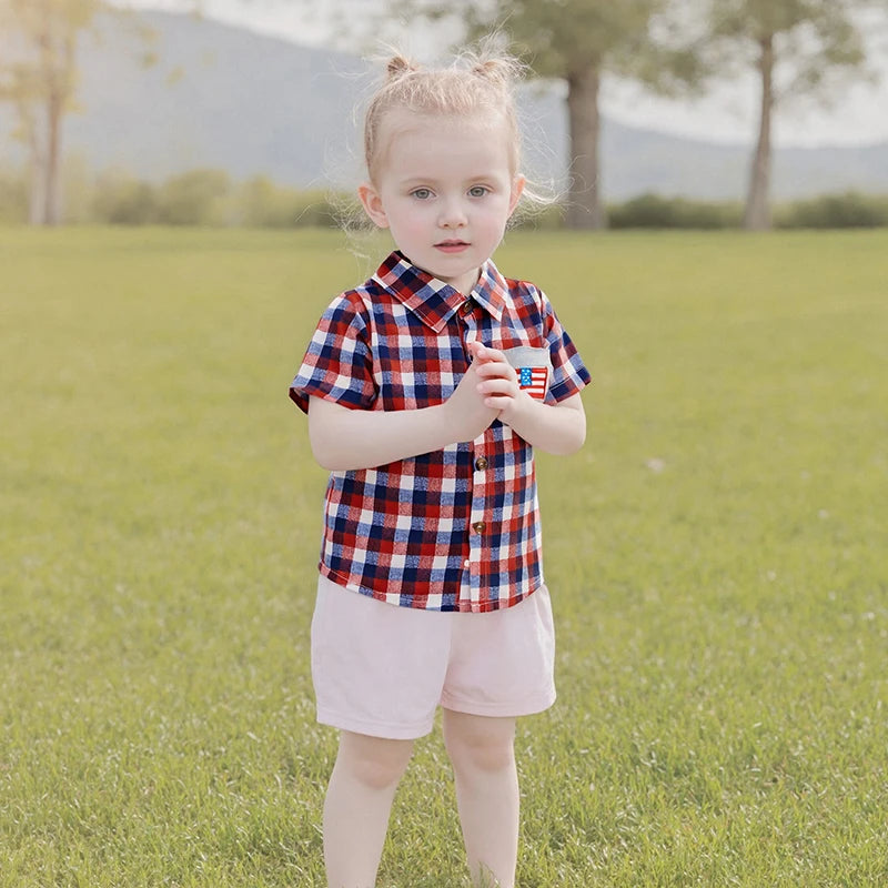 0-5Y American Flag Kids Boys Shirts Short Sleeve Plaid Print Button Down Shirts Toddler Summer Top