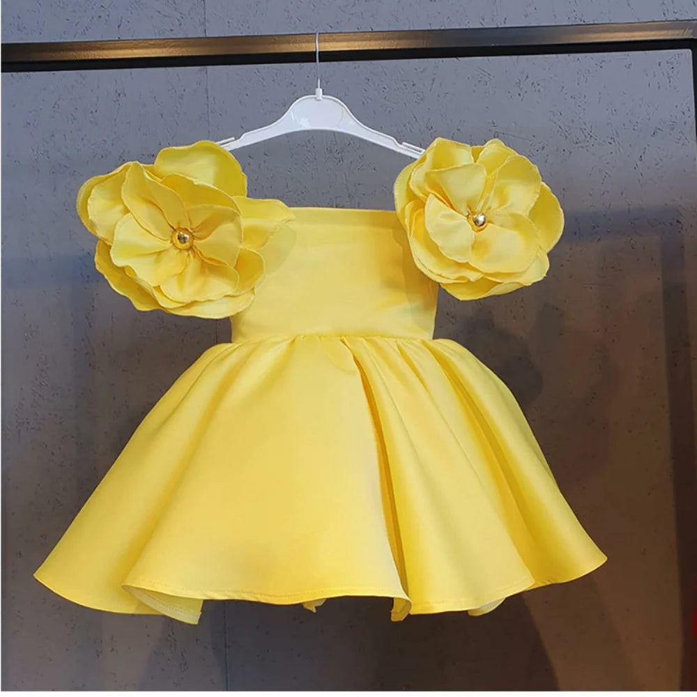 Girls Yellow Floral Princess Ball Gown – Summer Party Dress