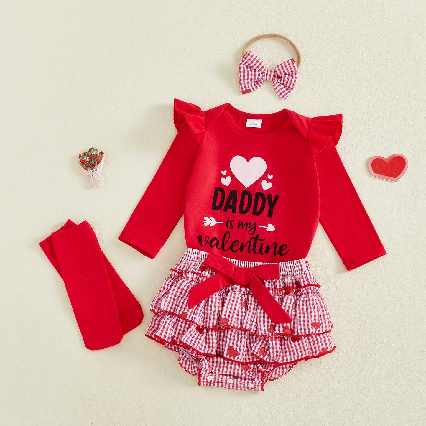 Baby Valentine's Day 4-Piece Outfit Set - Romper, Skirt, Leg Warmers & Headband