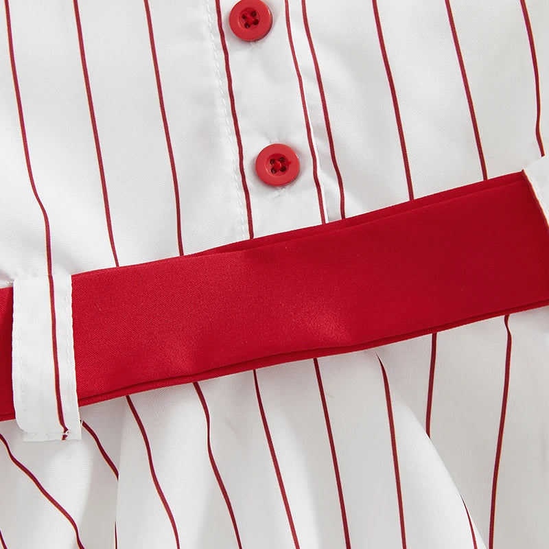 0-4Y Kids Girls Summer Baseball Dress Striped Short Sleeve Single Breasted Back Letter Print Dress with Belt