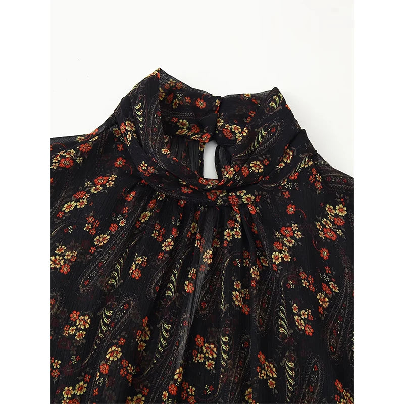 Floral Print High Neck Mini Dress - Long Sleeve Spring Autumn Dress