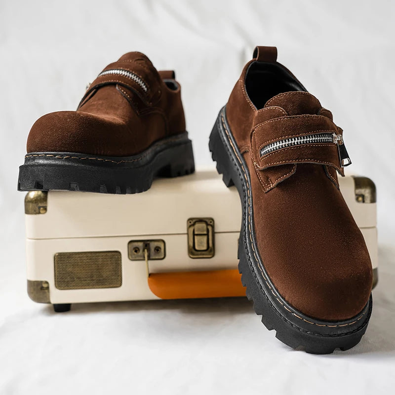 Men's Suede Leather Platform Work Shoes - Zipper Business Sneakers