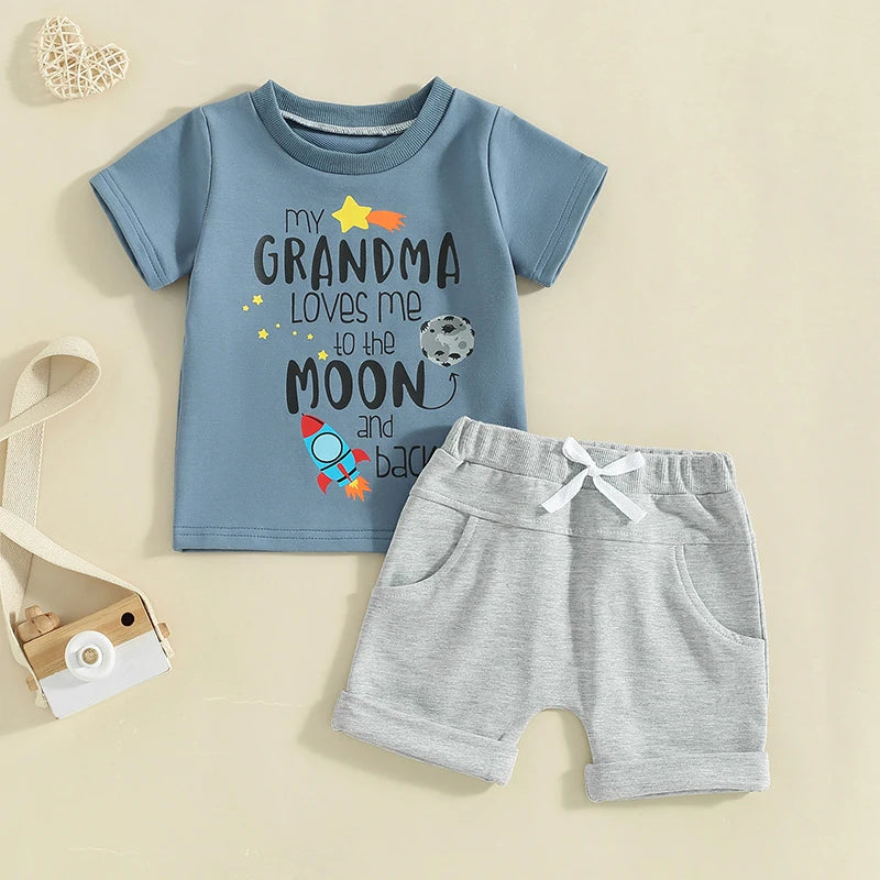 0-3Y Toddler Baby Boys Summer Clothes Sets Letter Rocket Print Short Sleeve T-Shirts Tops Elastic Waist Shorts