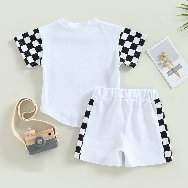 0-3Y Toddler Baby Boy Summer Clothes Sets Plaid Patchwork Short Sleeve Pocket T-Shirt and Elastic Waist Shorts