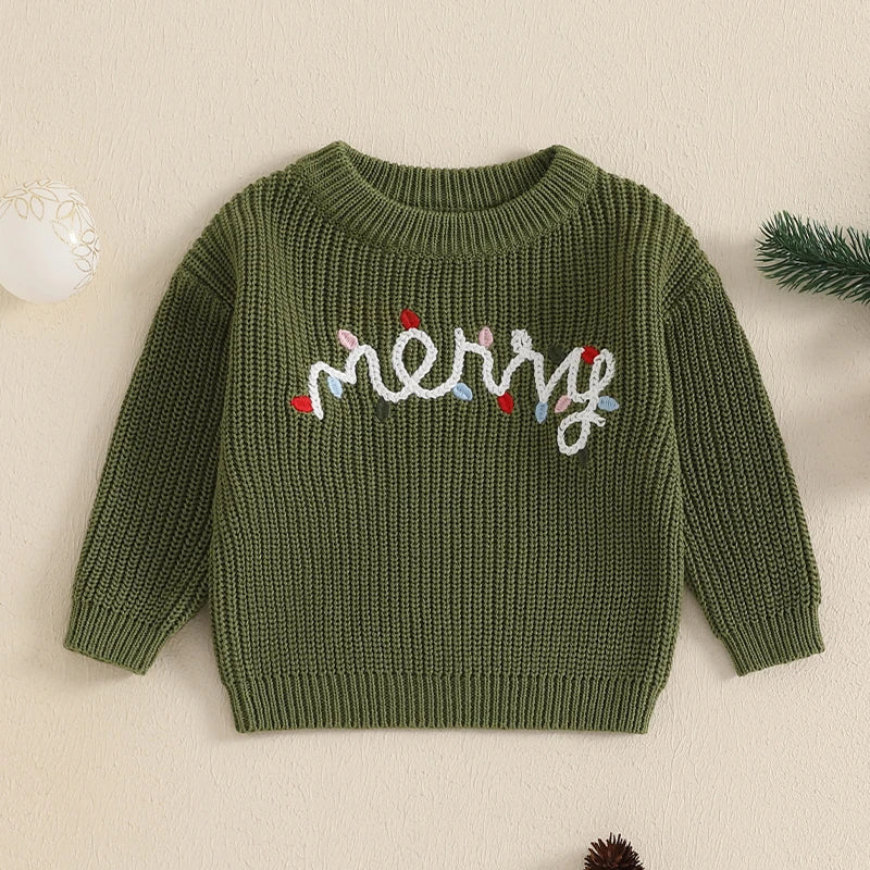 Baby Boys Girls Christmas Sweater 0-3Y Letter Light String Embroidery Long Sleeve Knitwear Top