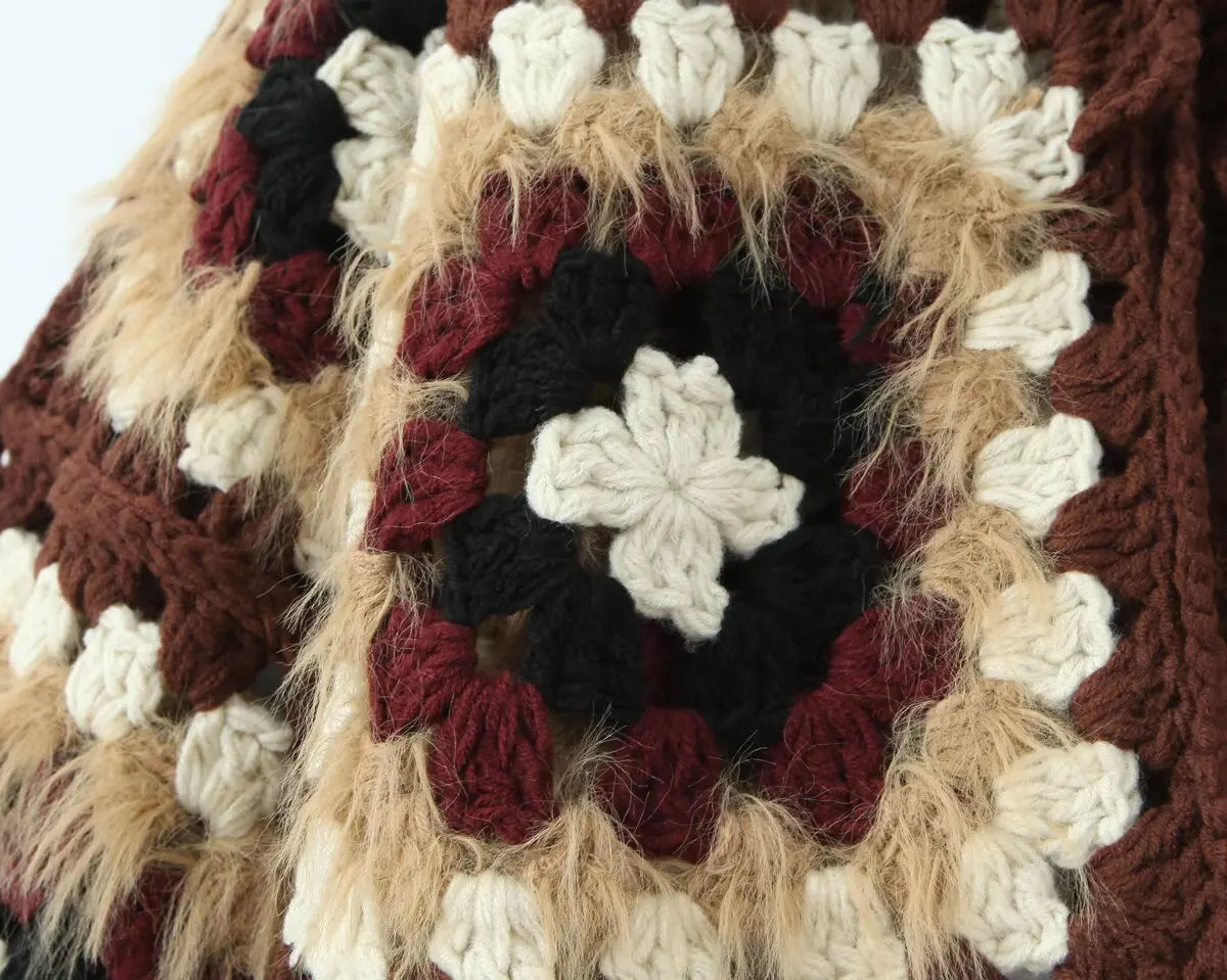 Boho Plaid Handmade Crochet Cardigan - Long Sleeve Lace Up Autumn Sweater