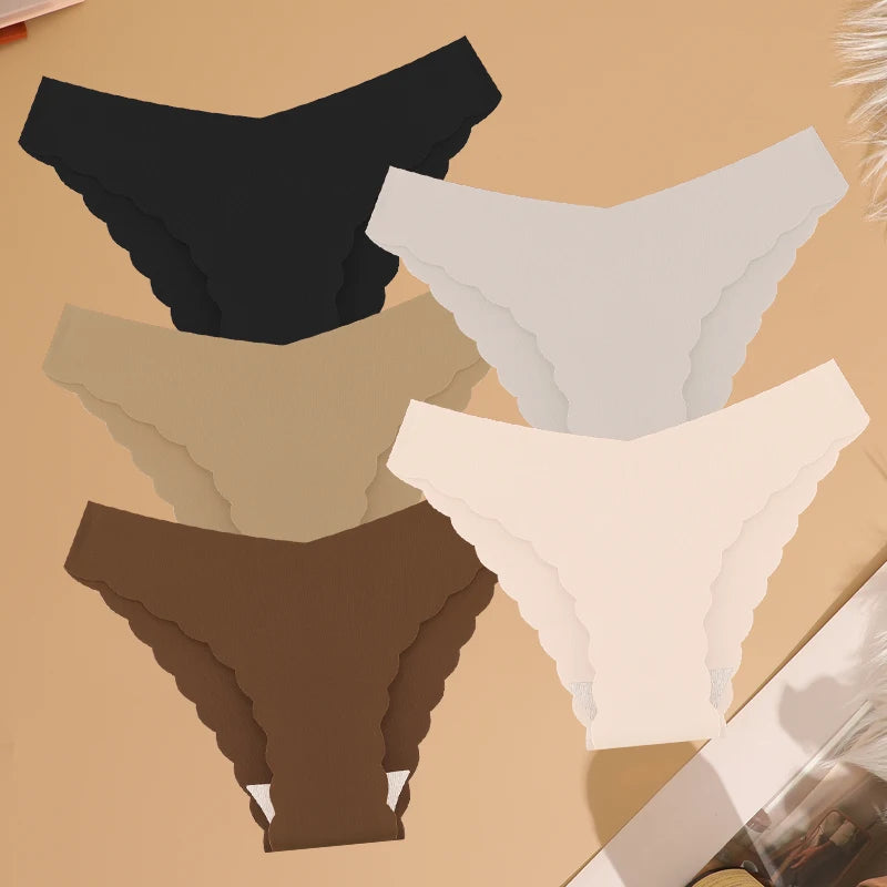 Women's 5Pcs Ice Silk Ruffles Underwear V Waist Panties Seamless Low-Waist Briefs  Comfortable Lingerie