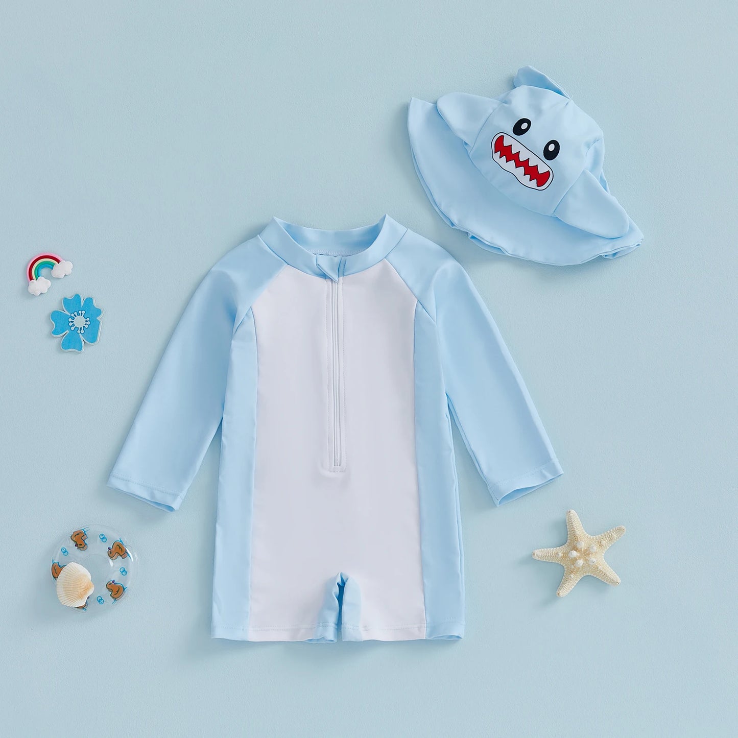 Baby Boys Rash Guard Swimsuit Set - Long Sleeve Zip-Up with Sun Cap