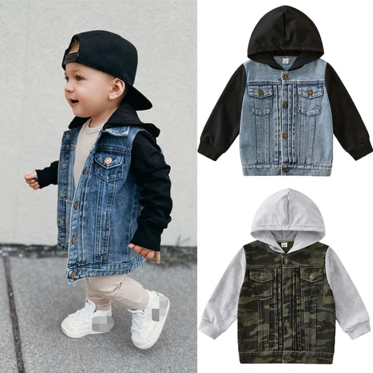 1-6Y  Kids Boys Autumn Jacket Outwear  Denim Solid /Camouflage Patchwork Hooded Jacket