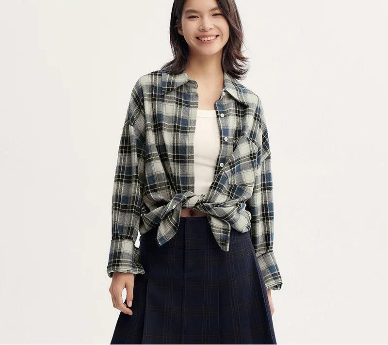 Oversized Drop Shoulder Plaid Shirt Loose Retro Casual Stylish Top
