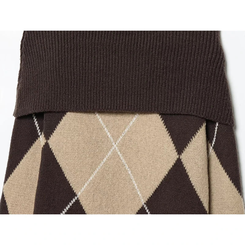 Vintage Argyle Off Shoulder Knit Sweater - Long Sleeve Loose Casual Pullover