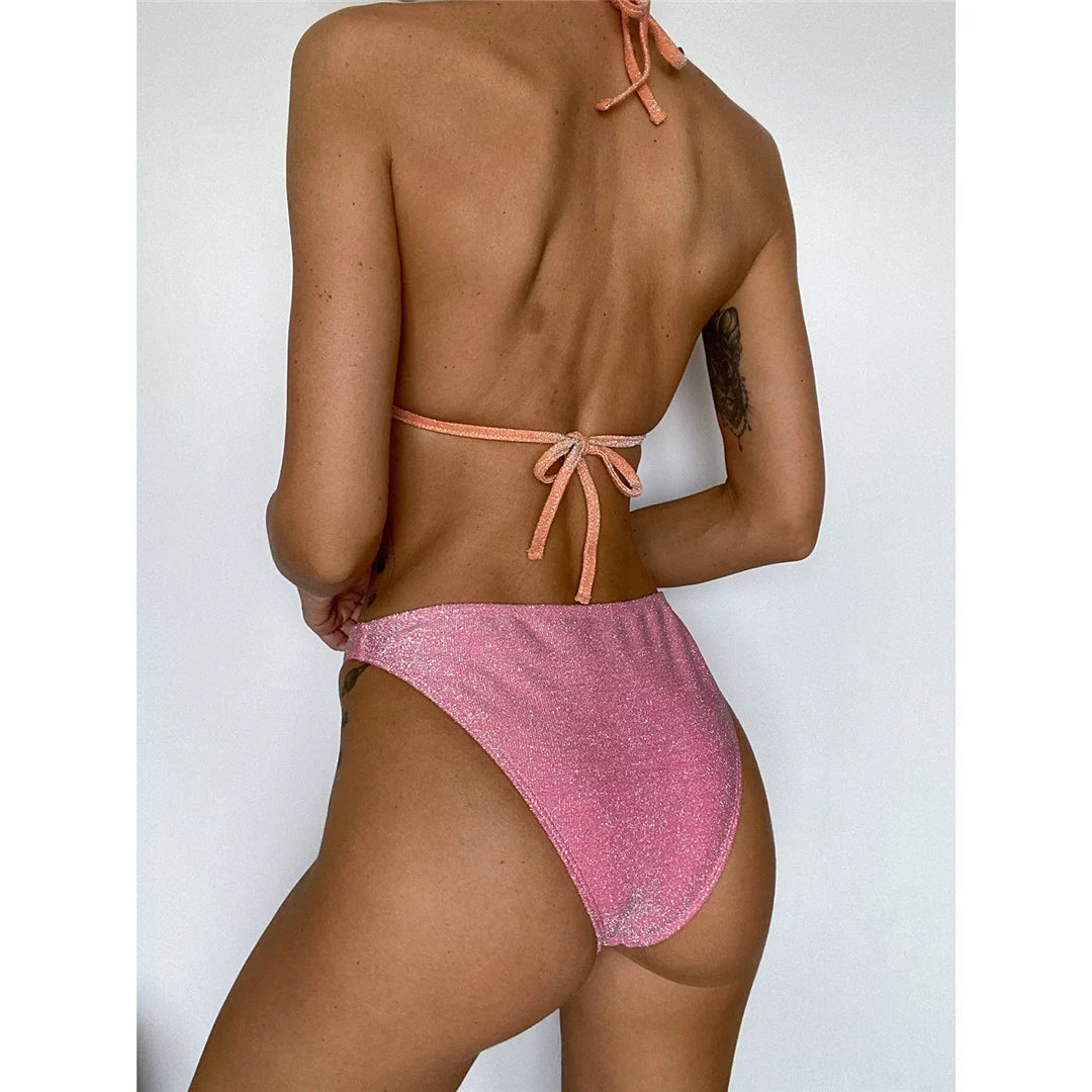 Women's Shiny Glitter Splicing Halter One-Piece Swimsuit | Sparkling Padded Monokini