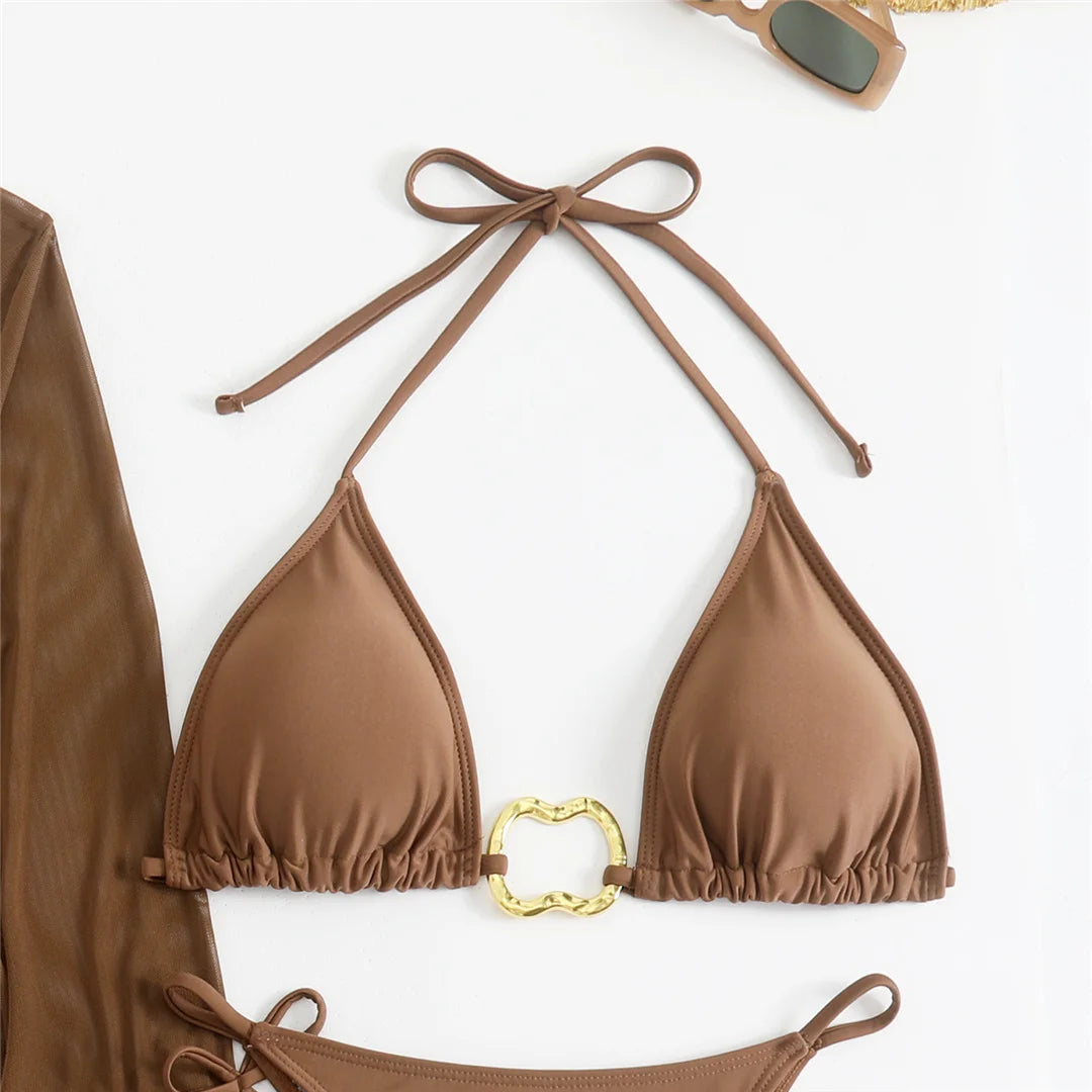 Women's Long Sleeve Cover Up Skirt Halter Bikini Swimsuit Swimwear Four-pieces Bikini Set
