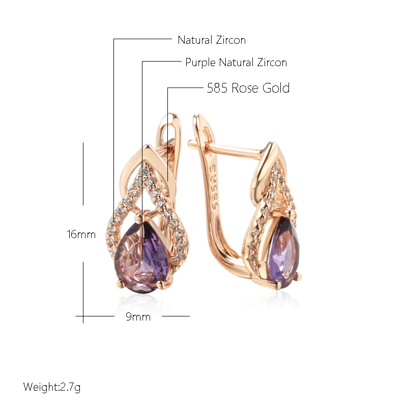 Women 585 Rose Gold Vintage Sparkling Purple Water Drop Natural Zircon Earrings