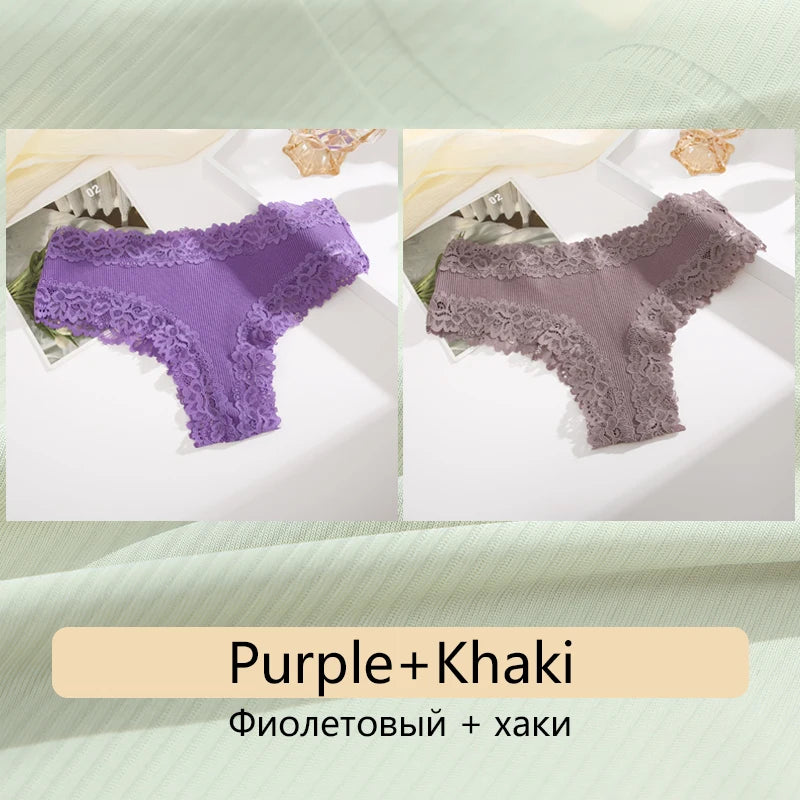 2PCS Women's Cotton Underwear - Lace Floral Low Rise Comfortable Lingerie