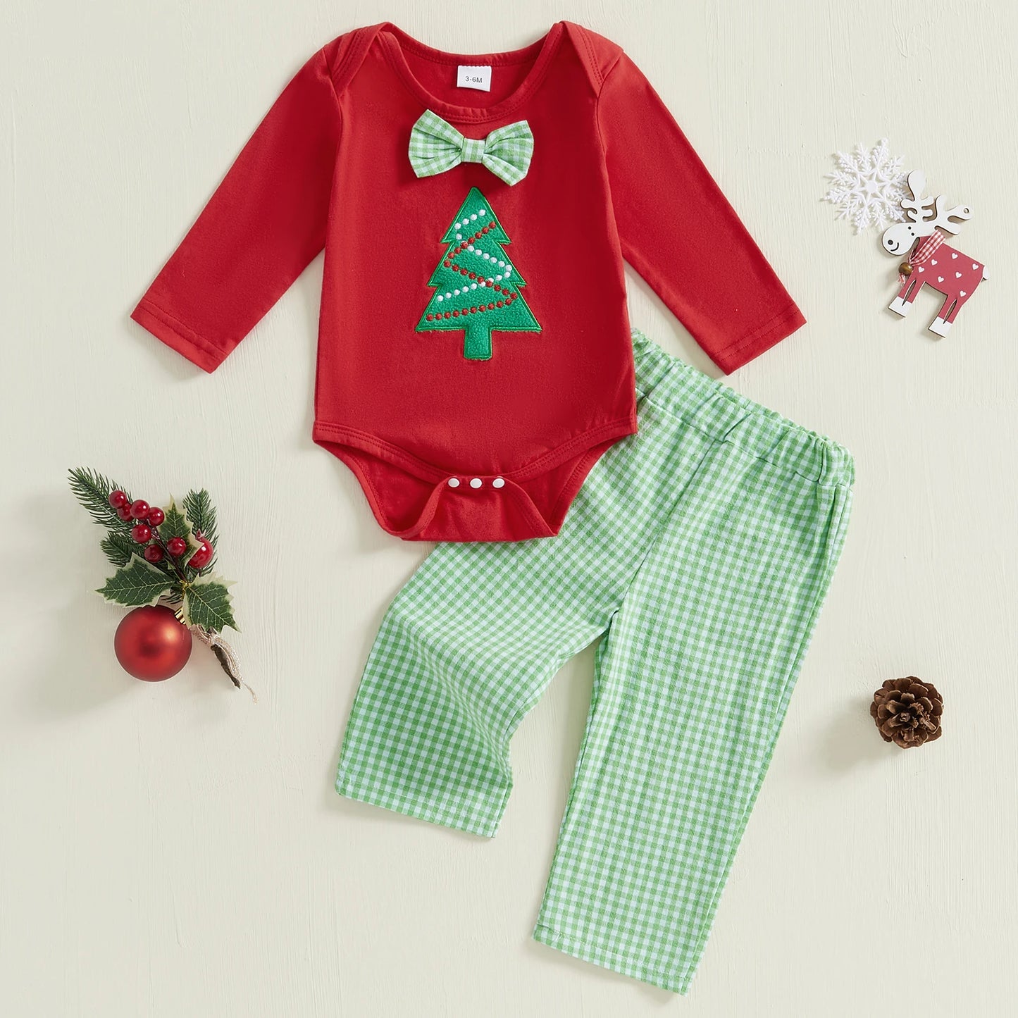 2pcs Baby Boys Christmas Clothes Sets 0-18M = Xmas Tree/Truck Print Bowknot Long Sleeve Romper and Plaid Pants