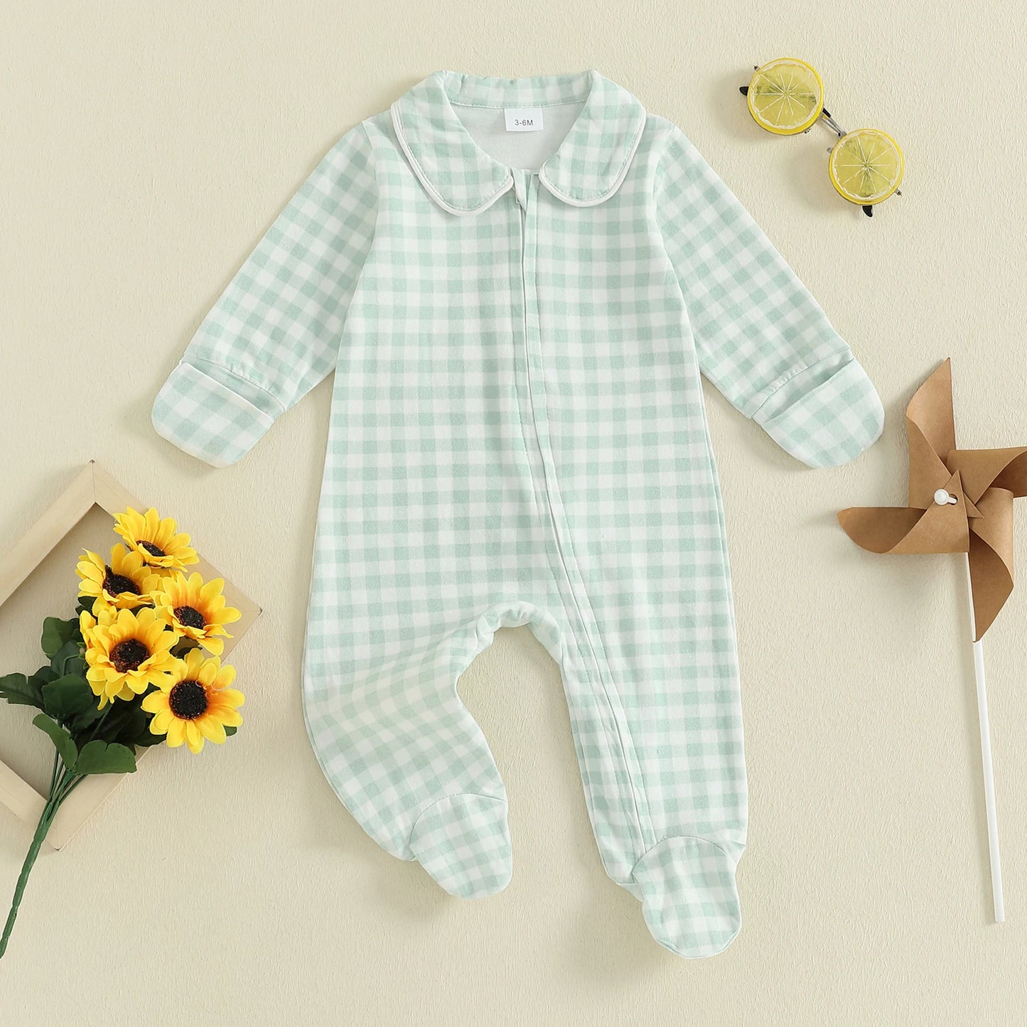 Newborn Baby Plaid Romper - Doll Collar Long Sleeve Zip-Up Footed Jumpsuit