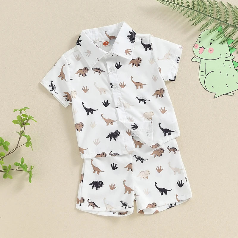 0-3Y Toddler Baby Boys Summer Clothes Sets 2pcs - Short Sleeve Dinosaur Print Button Up Top and Shorts Set