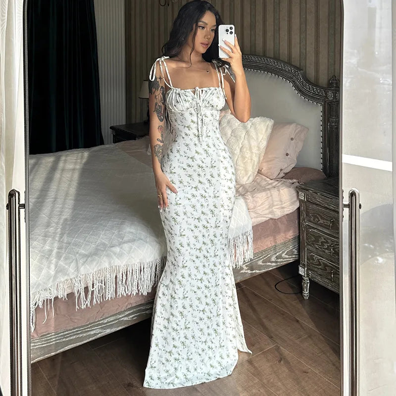 Women's Floral Off Shoulder Lace Up Deep V Neck  Long Dress