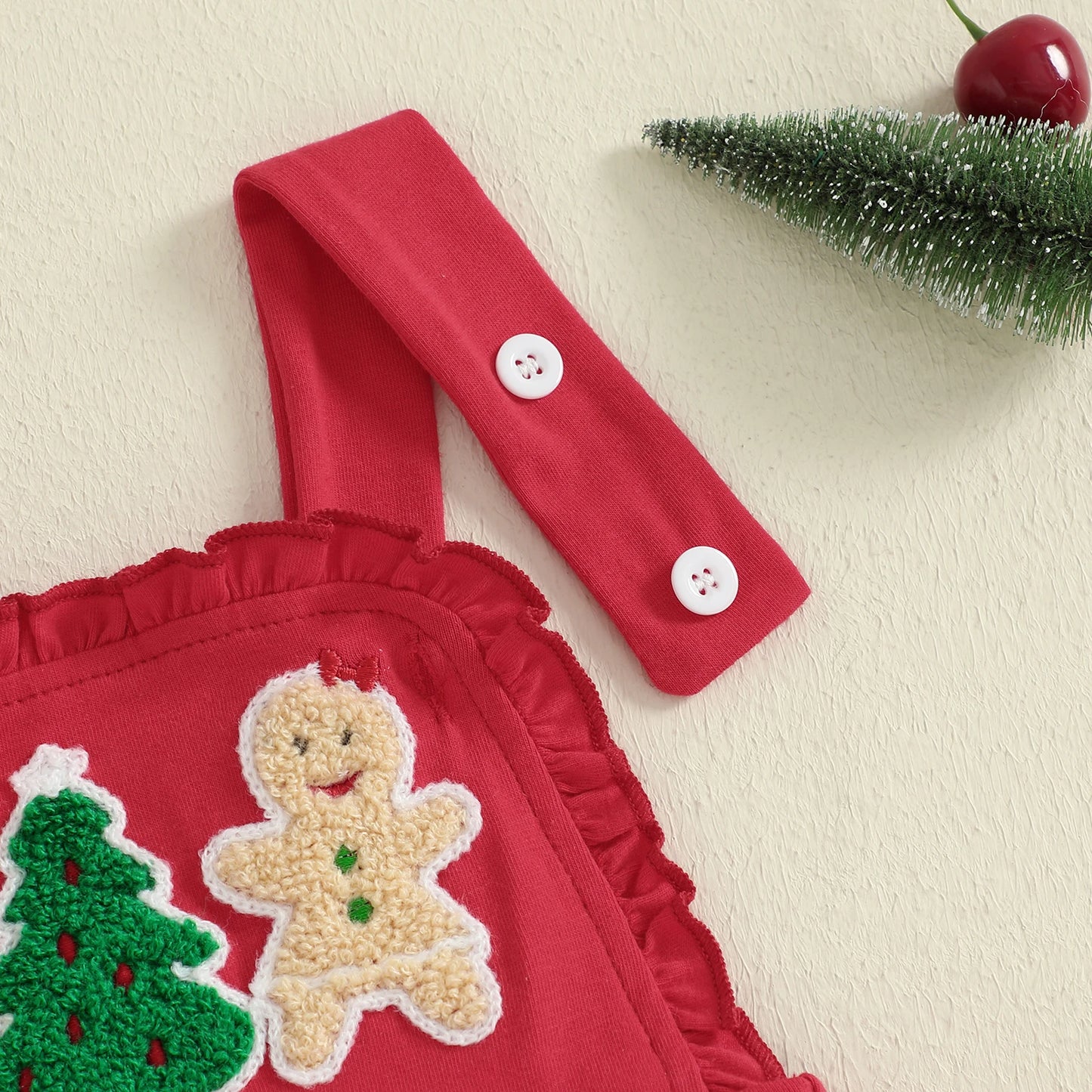 Baby Girls' Christmas Overall Romper - Tree Embroidered Sleeveless Bell Bottom Jumpsuit