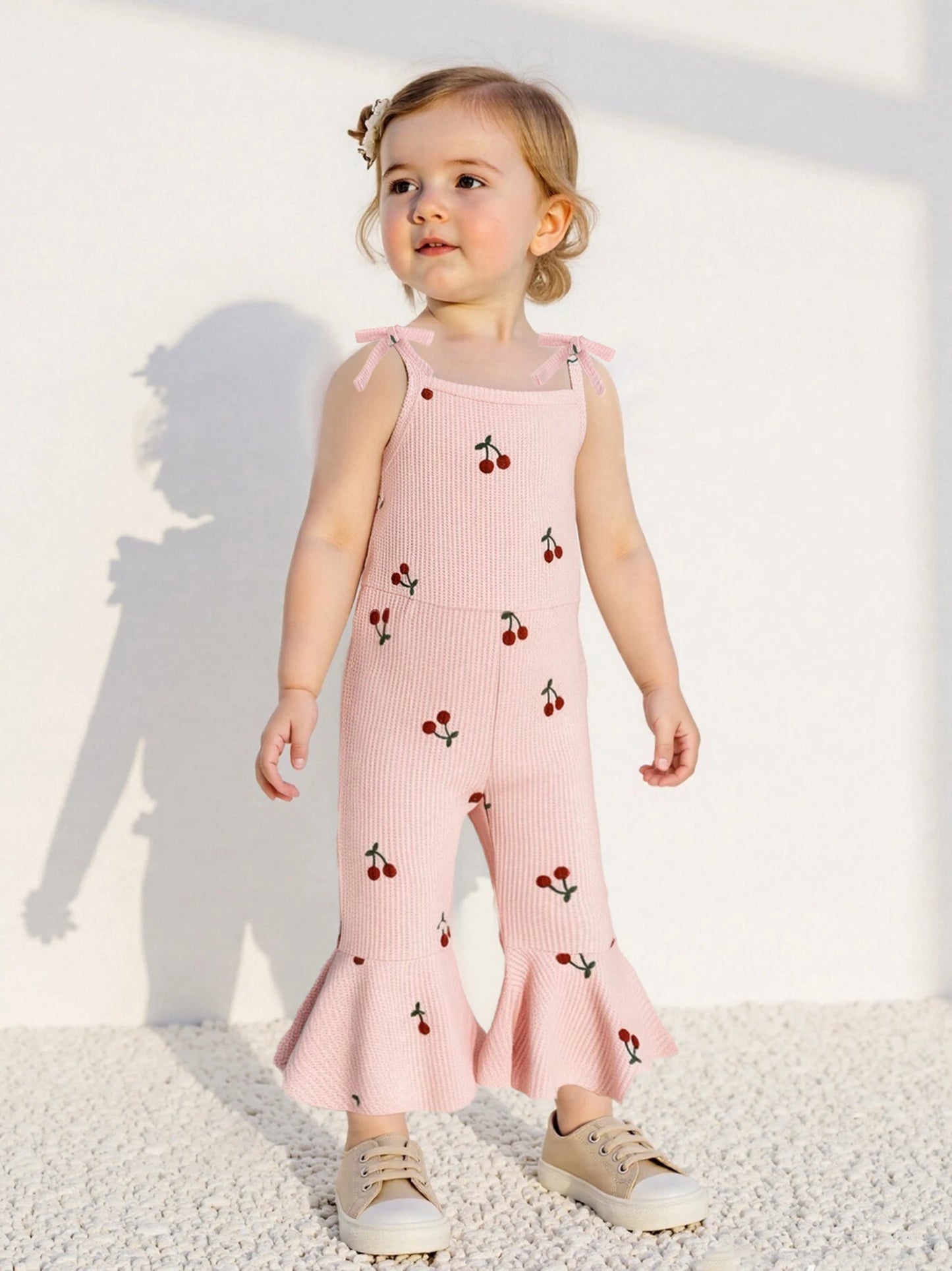 0-5Y Kids Girls Summer Jumpsuit Tie-up Spaghetti Straps Cherry Print Flare Romper Pants