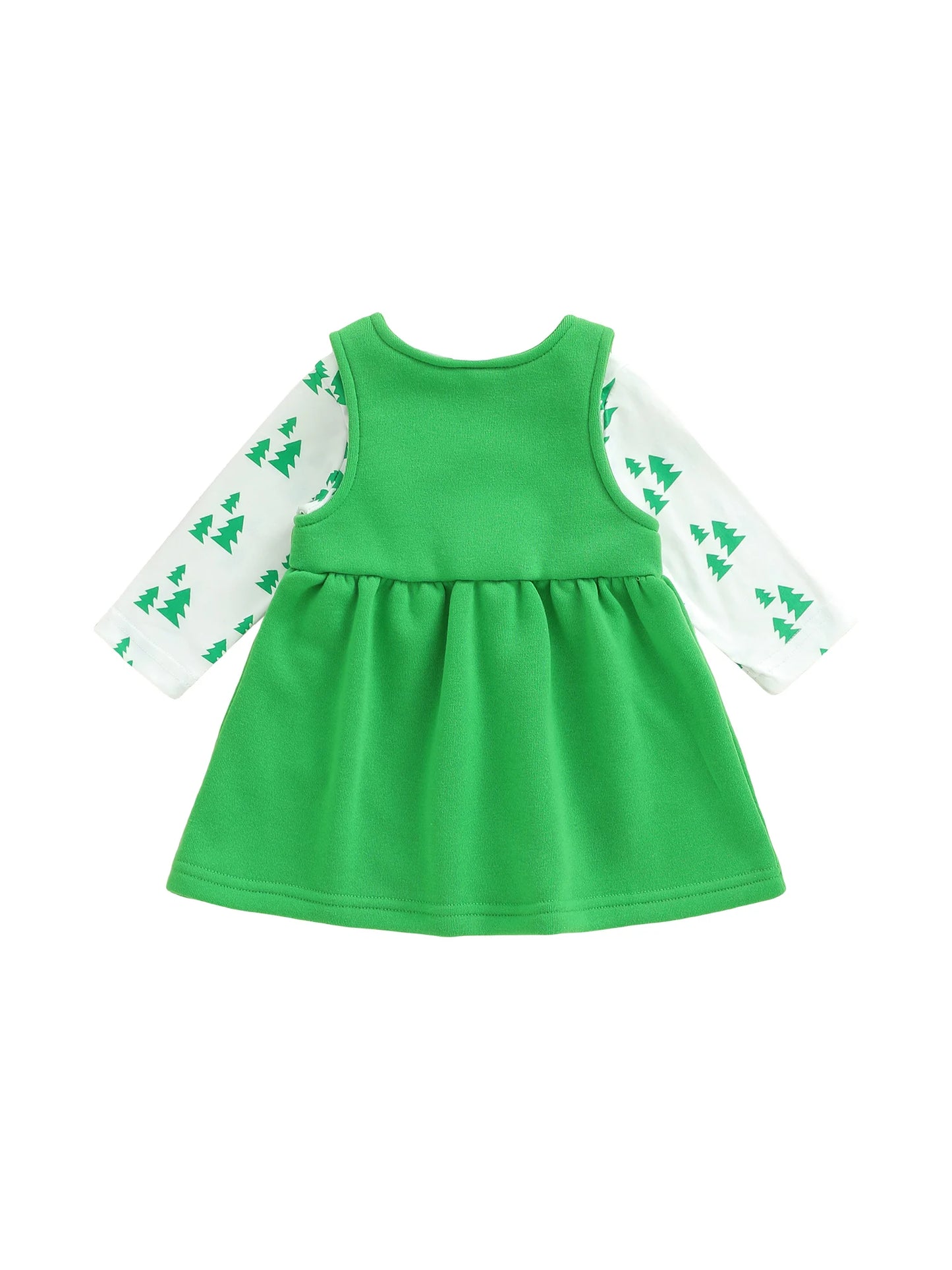 Baby Girls Christmas Clothes Set - Xmas Tree Print Long Sleeve Romper & Letter Embroidery Sleeveless Dress