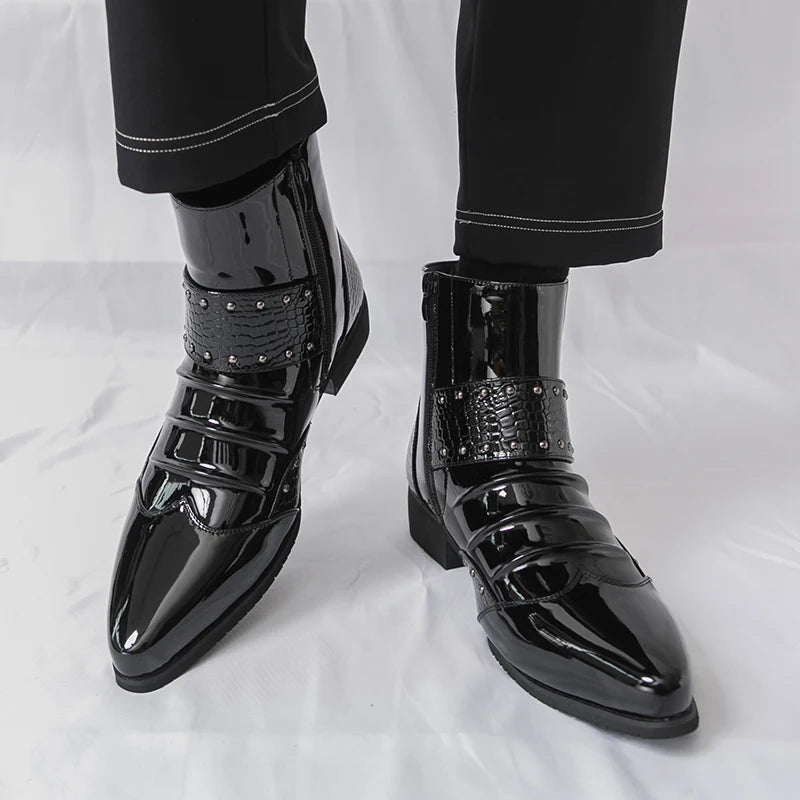 Men's Pointed Toe Motorcycle Boots - Patent Leather Metal Rivet Party Shoes
