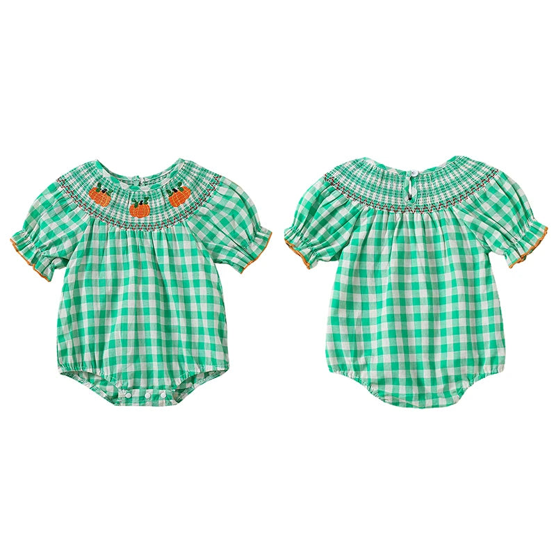 0-3Y Baby Girls Boys Romper Pumpkin Embroidered Plaid Print Short Sleeve Ruffled Jumpsuits