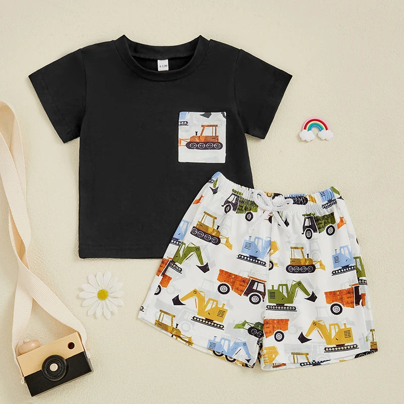 0-4Y Kids Boys Clothes Set Short Sleeve Excavators Print Pocket T Shirts Tops and Shorts Set
