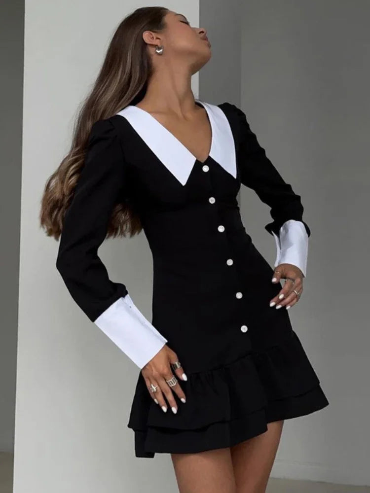 Women's High Waist  Retro Splice Long Sleeve Turn Collar Folds Mini Dress