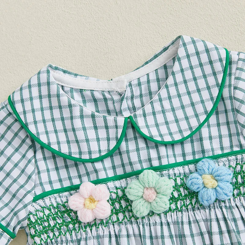 Baby Girls Summer Plaid Romper - Doll Collar Short Sleeve with Flower Embroidery (0-18M)