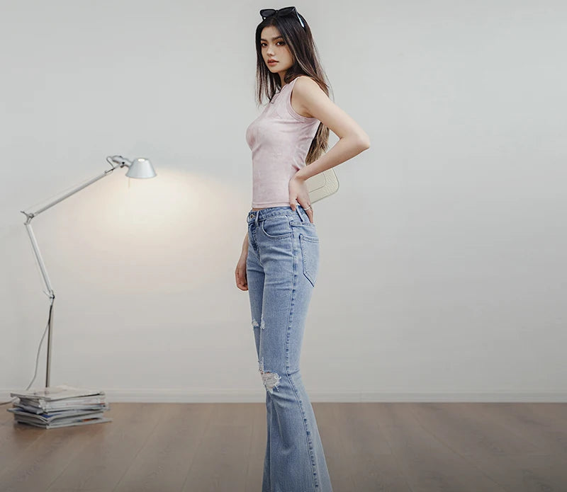 Women's Ripped Bell-Bottom Flare Jeans | 9oz Cotton Denim | Vintage High Street | Light Blue