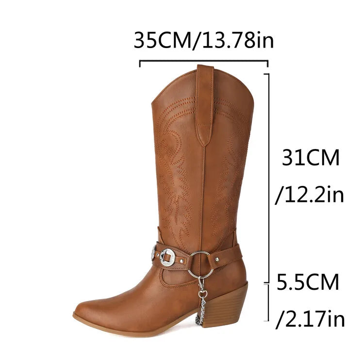 Women's Tapered Circular Metal Chain Chelsea Bohemian Pointed Leather Knee High Boots