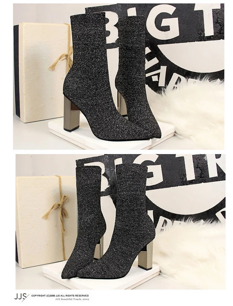 Women's Elastic Sock Boots - Metal Block Heel Ankle Boots Plus Size Available