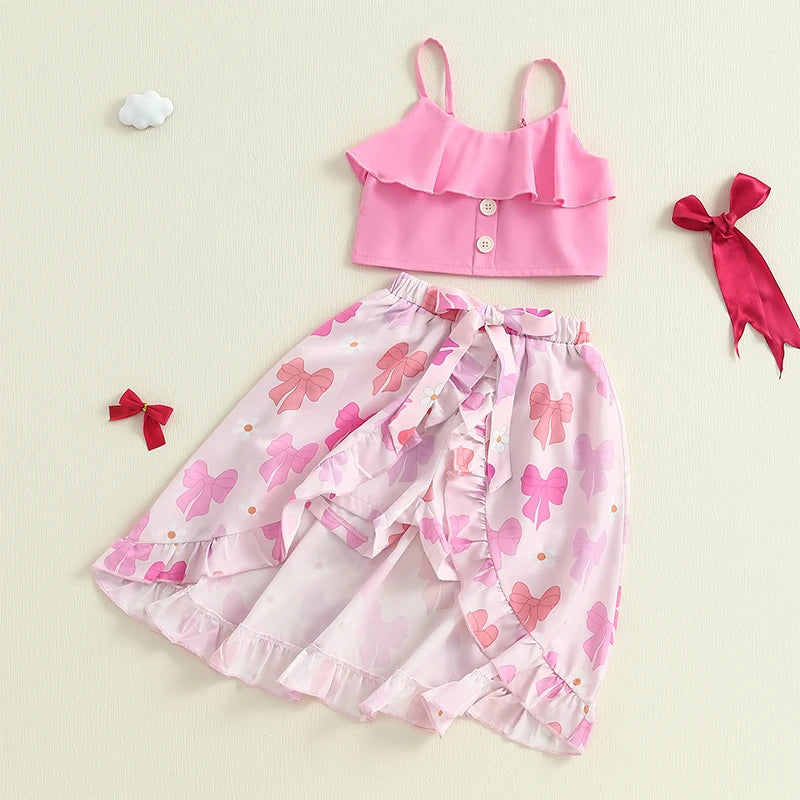 Girls' Floral Print Sleeveless Camisole & Bow Ruffle High-Low Skirt Set
