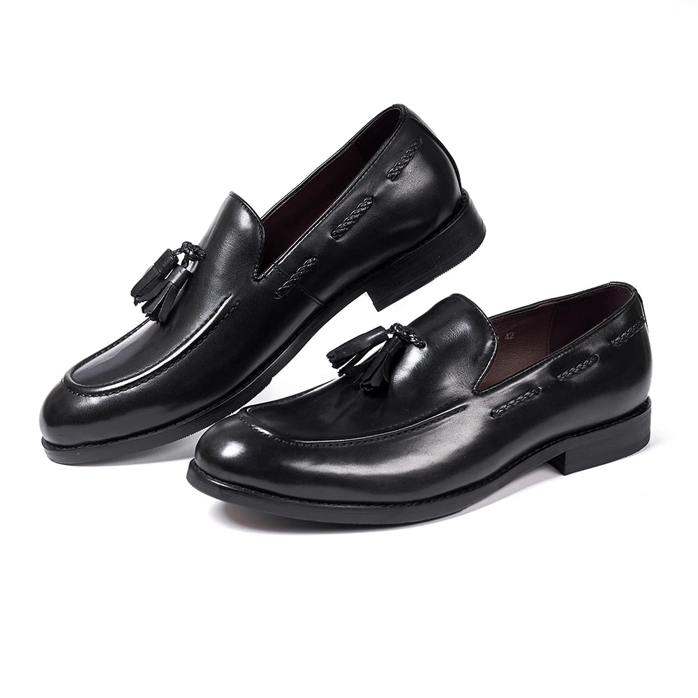 Classic Men's Tassel Loafers Genuine Leather Handmade Slip on Comfortable Office Wedding Shoes