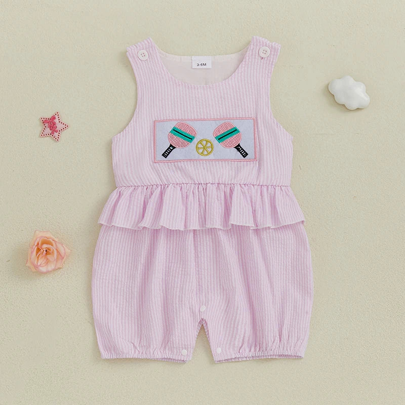 Striped Sleeveless Romper with Cartoon Embroidery - Baby & Toddler