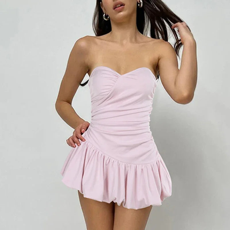 Women's Strapless Folds A-Line Hem Sleeveless High Waisted Backless Dress