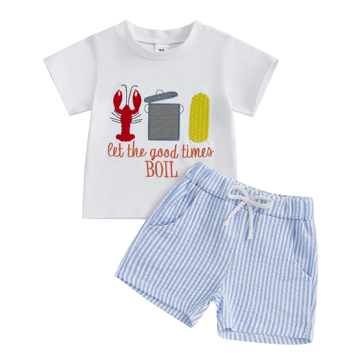 0-7Y Casual Kids Boys Summer Clothes Sets 2pcs Short Sleeve O Neck Lobster Letter Print T Shirts and Striped Shorts
